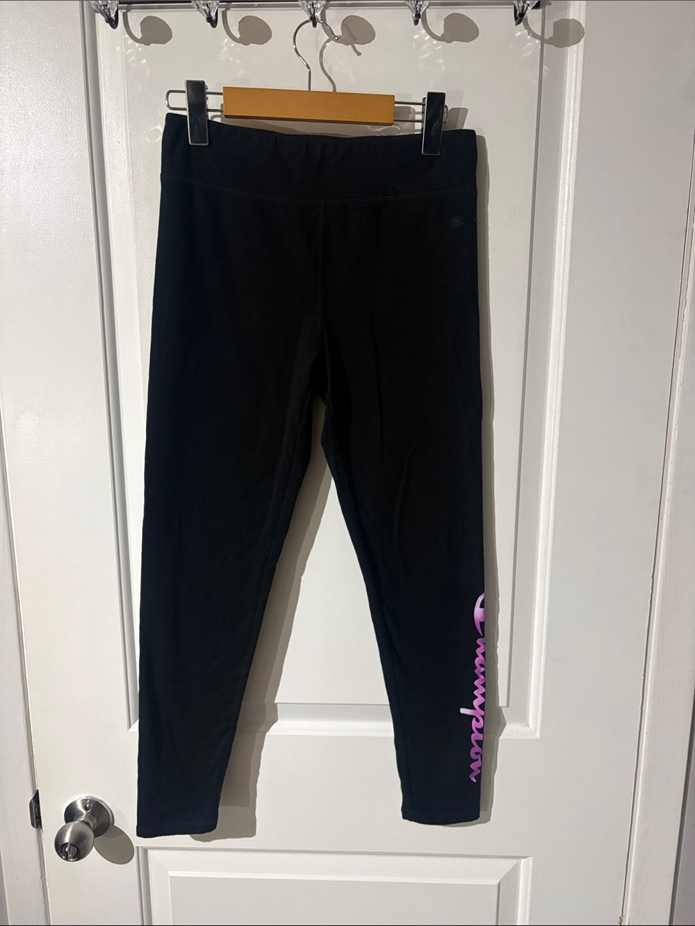 Champion Black Kids Leggings with Purple Script Logo